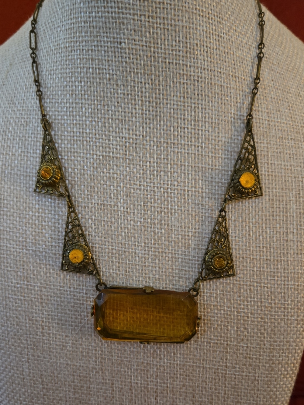 Art Deco Czechoslovakain Brass Filigree Necklace With Faceted Amber Glass